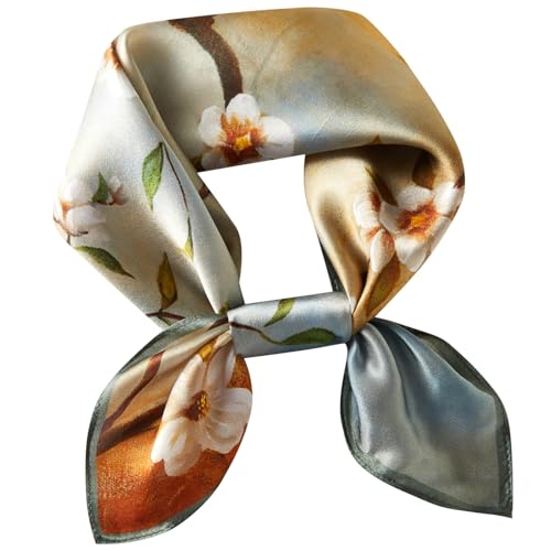 100% Mulberry Silk Neck Scarf 21''x21'' Small Square Hair Scarf for Women Men Lightweight Bandana Envelope Package - color: Flower Pattern-brown
