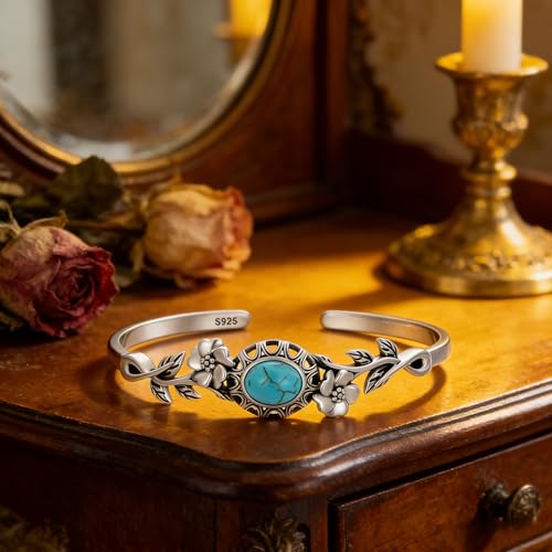 Genuine Turquoise Bracelet Cuff Bracelet for Women Mom 925 Sterling Silver Natural Turquoise Bangles Vintage Bracelet Boho Jewelry for Birthday Christmas Mother's Day Valentine's Day - style: Flower