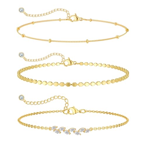 MIDEEO Gold/Silver Ankle Bracelets for Women,14K Gold Anklets for Women Waterproof Cuban Link Heart Beads Herringbone Rhinestone Anklets Set Layered Anklet Bracelets for Women Gold Jewelry Gift - style: 3Pcs Anklets I-Gold