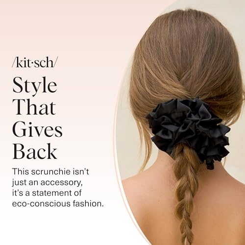 Kitsch Recycled Satin Ruffle Scrunchie – Gentle Hair Scrunchie for Women, Eco-Friendly Hair Tie No Damage, Stylish Ponytail Holder | Ideal Gifts for Women - Black - color: Black Ruffle