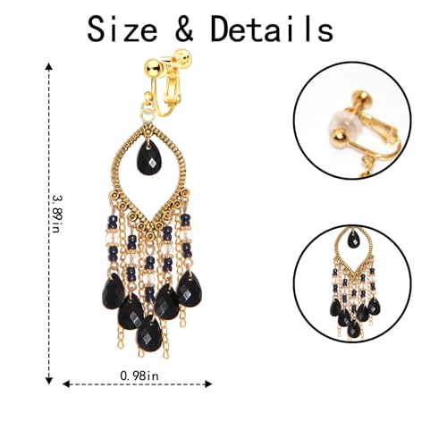 Clip on Tassel Dangle Earrings for Boho Women, Non Pierced, Colorful Feather Handmade Beads Fashion Vintage Fringe Jewelry for Parties Weddings Festivals Trendy Statement Earrings for Bohemian - color: Black B