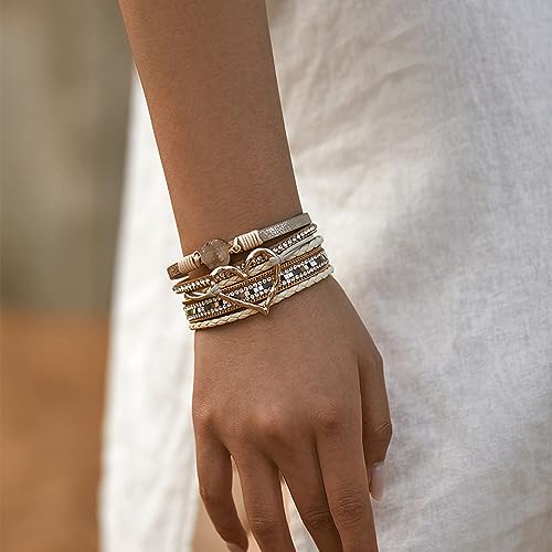 Fesciory Leopard Bracelet for Women, Boho Leather Wrap Multi-Layer Pearl Crystal Bracelet Bangle Jewelry - style: Heart Leather(Khaki)