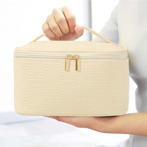 Meiyuuo Makeup Bag Large Cosmetic Bags for Women Girls Cute Travel Zipper Pouch Toiletry Organizer for Beauty Essentials Waterproof (Light Beige) - color: Embossing Beige