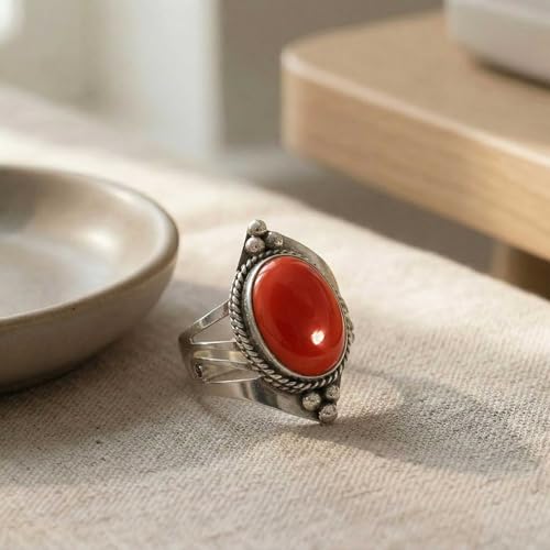 Handmade 925 Sterling Silver Plated Ring Natural Gemstone Carnelian, Rose Quartz, Tiger Eye, Crystal Oval Boho Jewelry For Women - color: Carnelian
