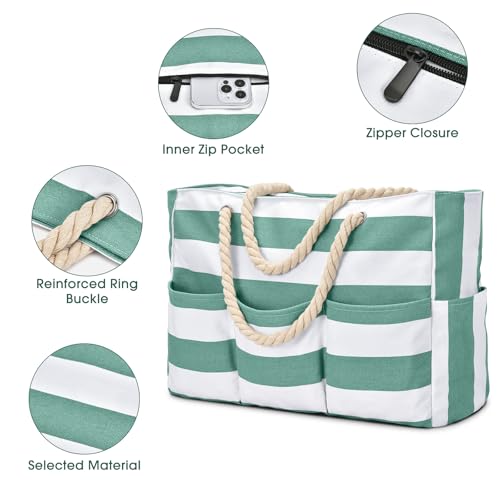 Becokan Beach Bags for Women Canvas Large Beach Tote Bag Zipper Waterproof Sandproof Foldable Swim Pool Bag with 7 Pockets - color: Green