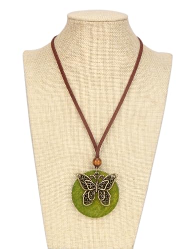 GelConnie Leather Necklace for Women Round Wooden Pendant Long Leather Choker Vintage Sweater Necklace Gold Chunky Boho Necklaces for Women - style: Butterfly Wooden Necklace