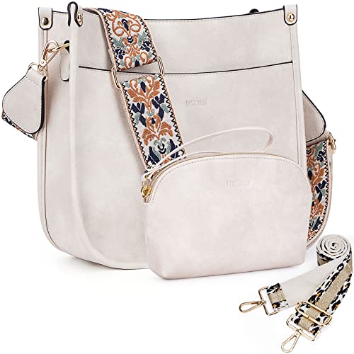 HKCLUF Crossbody Bag Purse for Women 2PCS/Set Leather Hobo Handbag Wallet Set With 2Adjustable Guitar Strap Shoulder Bag | Purse - color: A11-white
