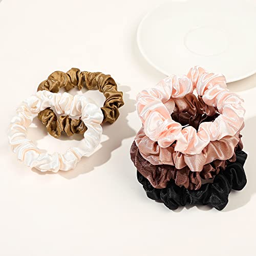 Satin Silk Hair Ties Small Mini Scrunchy for Women Cute Ponytail Holders Mini Bulk Scrunchies Elastic Hair Bands for Thick Curly Hair Pony Tails Hair Ties (12 Pcs) - color: Pink-brown