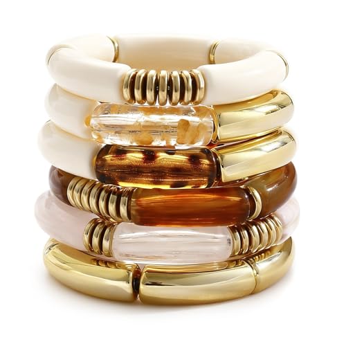 iF YOU 6pcs Chunky Acrylic Bangle Bracelets for Women, Resin Bamboo Brown Stretchy Bracelet Stack, Fashion Jewelry for Women - color: 6 Clear white brown bracelets