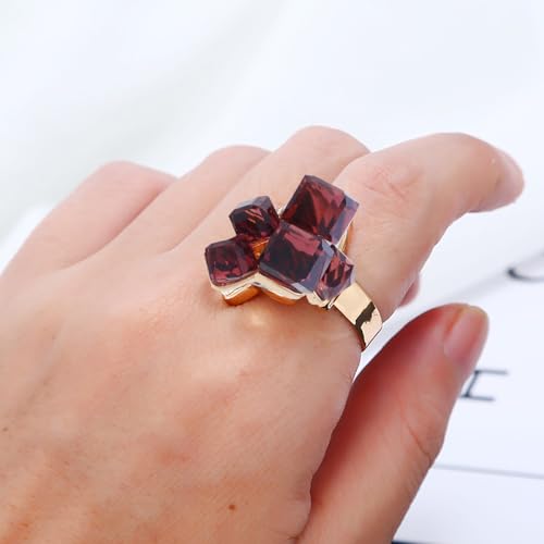 Hebelee Boho Square Crystal Statement Ring for Women Gold-Toned Adjustable Expandable Promise Engagement Geometric Rings Comfort Fit Elegant Art Deco Birthday Christmas Cocktail Party Y2K Jewelry - color: Wine Red