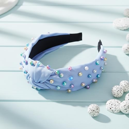 Sucrain Pearl Knotted Headbands for Women Girls Colorful Jeweled Embellished Gem Faux Pearl Cross Knot Twisted Hairband Turban Headband Hair Accessories