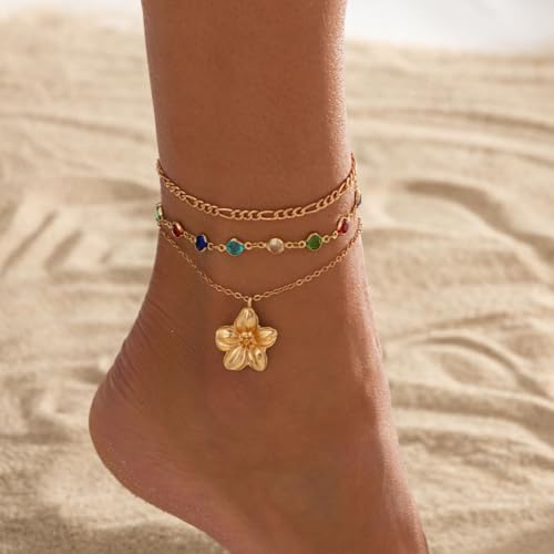 Fashion Layered Flower Charm Anklet for Women Golden Cuban Link Chain Tassel Waterproof Ankle Bracelet Adjustable Beach Vacation Foot Jewelry Summer Accessories - color: Gold