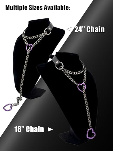 Black Leather Choker Collar For Women, Handmade Heart Slip Chain Choker Long Necklace with Adjustable Buckle - color: B-Black-Black-Purple, size: 18''chain