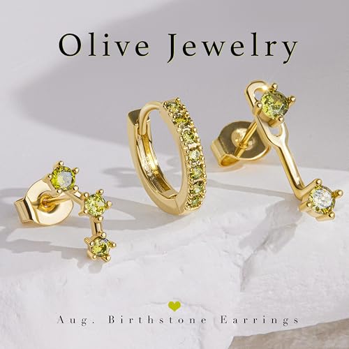 3 Pairs Dainty Small 4th of July Earrings for Women Trendy, Birthstone Stud Huggie Hoop Jacket Stack for Cartilage Helix, Gold Plated Hypoallergenic Cute Women Fashion Accessories Western Jewelry Gifts - color: 08Olive Green Created Peridot-Aug (Gold)