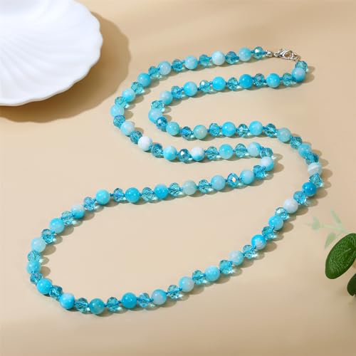 Long Beaded Necklace for Women Boho Colorful Crystal Stone Knot Statement Fashion Costume Jewelry Gifts - color: Aquamarine