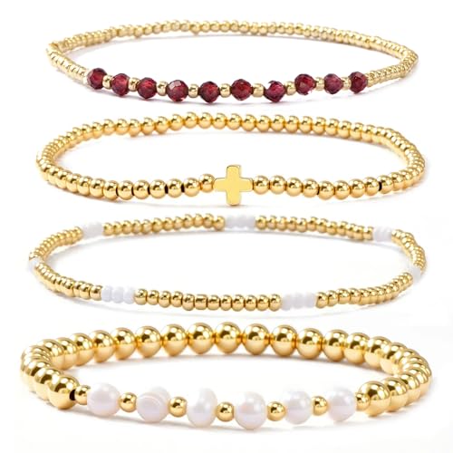 4pcs Gold Beaded Pearl Bracelets Set for Women Multi Layer Versatile Stackable Stretch Cuff Sparkly Stone Crystal Gemstone Jewelry Birthday Gifts - color: Red Garnet