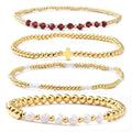 4pcs Gold Beaded Pearl Bracelets Set for Women Multi Layer Versatile Stackable Stretch Cuff Sparkly Stone Crystal Gemstone Jewelry Birthday Gifts - color: Red Garnet