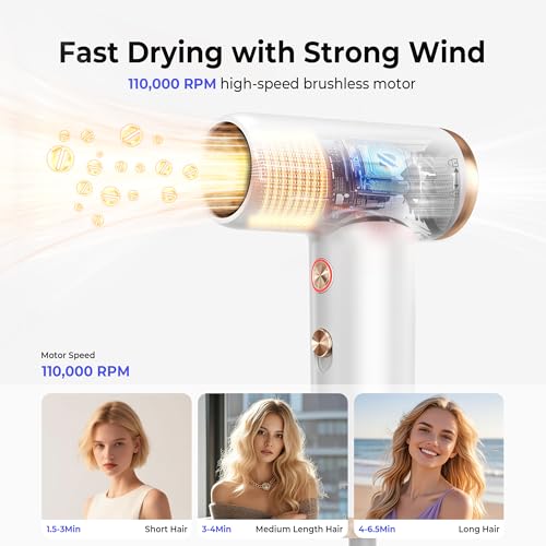 Mini Hair Dryer, 4-Temp High Speed Ionic Hair Dryer, 2-Speed Lightweight Portable Small Hair Dryers, 110,000 RPM Hair Blow Dryer Travel Blow Dryer with Self-Cleaning Styler & Advanced Protection - color: White