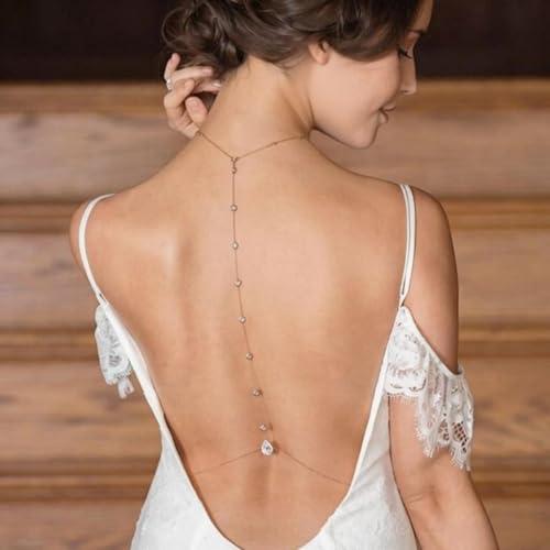 Rhinestone Long Drop Back Chain Jewelry for Women Crystal Back Chain Necklace Gold Plated Body Chain Backdrop Chain Jewelry - style: gold