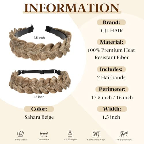 CJL HAIR 2PCs Braided Headbands Hair Piece for Women Synthetic Hair Hoops Head Bands Handmade Braid Hairband Accessories Elastic Stretch Headwrap Sahara Beige - color: 2PCS-Sahara Beige