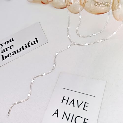 Luxval Lariat Silver Necklace for Women, Dainty Long Necklace Silver Y-Shaped Pendant Necklaces Trendy Beaded Chain Drop Necklaces Jewelry for Women Gifts - color: Silver-Layered Shiny Necklace