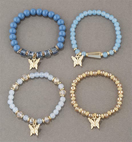 Fuqimanman2020 Boho 4pcs Butterfly Charm Gold Beaded Stackable Stretch Bracelet Set Crystal Butterfly Colorful Elastic Bracelets - color: Blue