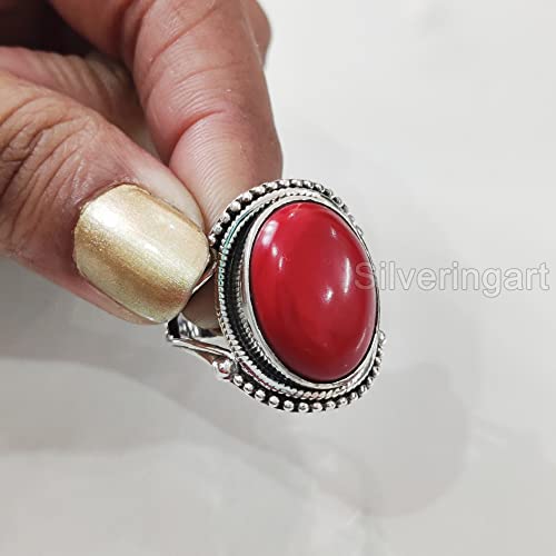 Natural Red Coral Ring, Woman's Coral Ring, Coral April Birthstone, Bohemian Band, 925 Sterling Silver, Womens Ring, Christmas, Thanksgiving, Handmade, Statement Jewelry, Natural Gemstone Ring