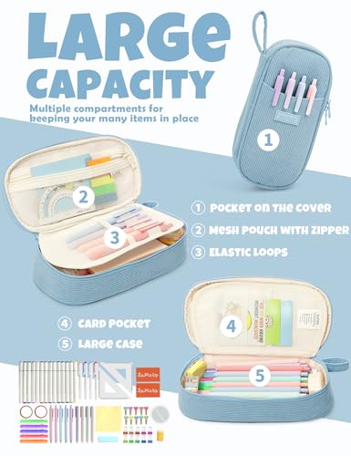 SUNEE Cute Pencil Case, Large Pencil Pouch, Aesthetic Big Pencil Bag with Zipper, Kawaii Stationery Storage and Organizer, School Supplies for Teen and Adult, Boys&Girls, Soft Corduroy Grey Blue - color: Grey Blue