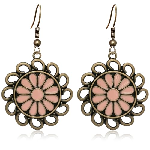 Bohemian Lightweight Vintage Copper Enamel Flower Hollow Dangle Drop Earrings Handmade Retro Circle Floral Hook Earrings For WomenJewelry Gifts - color: Pink