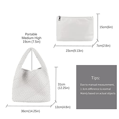 Woven Tote Bag For Women, Large Vegan Leather Travel Handbag, Casual Work Shoulder Bag, Underarm Commuter Hobo Bag With Purse - color: White