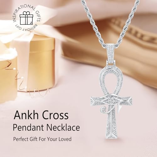 Eye of Horus Ankh Cross Pendant Necklace 18K White Gold Plated Iced Out CZ Bling Ancient Egyptian Religious Symbol Protection Chain Jewelry for Men Women Christmas Birthday Gift - color: White