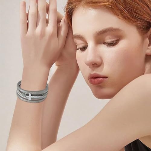 Leather Wrap Bracelets Cross Bracelets Trendy Layered Bracelet for Women Stackable Bracelet Jewelry Birthday Christmas - color: silver