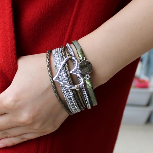 Womens Multi Layer Heart Leather Wrap Bracelet Boho Stackable Cuff Bangle Magnetic Clasp Crystal Birthday Valentine Gift - color: Grass Green