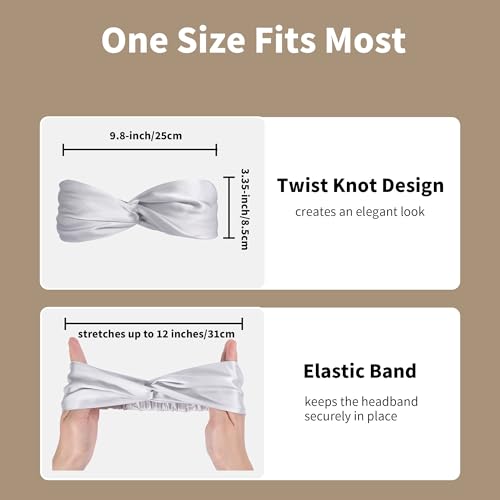 ZLYC Mulberry Silk Headband Elastic Twist Knotted Head Bands for Women's Hair, Solid Silver - color: Solid Silver