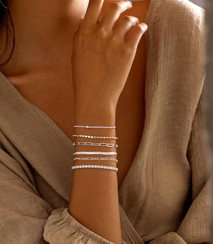 DEARMAY Sterling Silver Plated Bracelets Set for Women Waterproof, Non Tarnish Sterling Silver Link Chain Bracelets Pack Dainty, Fashion Jewelry Gifts for Everyday Comfortable - color: 6Pcs Silver Bracelets E