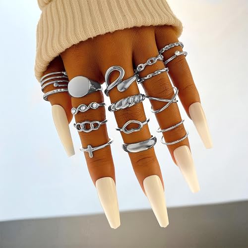 FAXHION 24-60 Pcs Gold Stackable Rings for Women, Knuckle Rings Chunky Gold Ring Set Dainty Stacking Cute Rings, Multiple Sizes Cute Jewelry Set Gift - style: Silver-24 Pcs