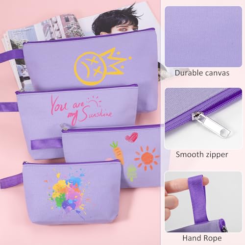 10 Pieces Cotton Canvas Makeup Bag with Bottom and Strap, Multi-Purpose Cosmetic Bag with Zipper Travel Toiletry Pouch, Blank DIY Craft Bag (Purple, L) - color: Purple, size: L