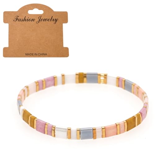Tila Flat Beaded Stretch Bracelet for Women,Bohemian Friendship Bead Bracelets Handmade Stack Boho Jewelry Accessory for Everyday Wear, Vacation and Friend Gifts - color: pink