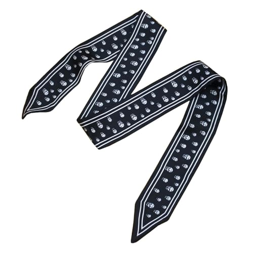 JERLA 100% Mulberry silk Scarf bag scarf Head Hair Ribbon Handbag Handle wrap Tie Bundle Neckerchief Scarf for women - color: Black Skull