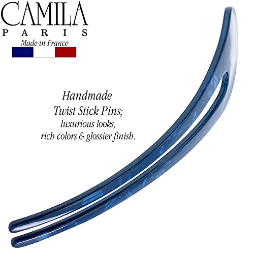 Camila Paris CP3164 French Twist Stick Clip Pins, Blue, Wavy Hair Pin U-Shaped Hair Fork for Girls Spiral Updo Chignon Bun Holder, Fashion Flexible Styling Hair Accessories for Women, Made in France - color: 2-Prong Blue