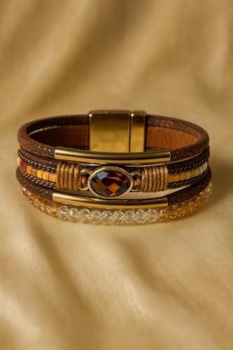 Boho Layered Bracelet for Women – Green Crystal Beaded Wrap Bracelet with Gold Clasp, Multi-Strand Hypoallergenic Statement Jewelry - color: Brown Amber