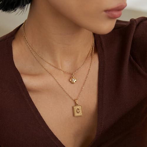 KELORIS PATH Layered Initial Necklaces for Women, 18K Gold Plated Stainless Steel Necklaces Set with Dainty Four Leaf Clover Square Cutout Letter Pendant, Fashion Jewelry for Gifts - style: K Letter