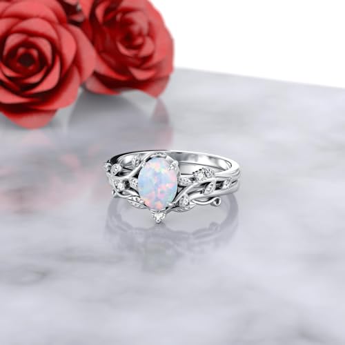 Natural Moss Agate Ring for Women 925 Sterling Silver Pear/Oval/Kite/Heart/Hexagon/Emerald/Coffin Cut Green Leaf Moss Agate Engagement Ring Promise Bridal Set Anniversary Birthday Jewelry Gifts - color: Oval Cut Opal