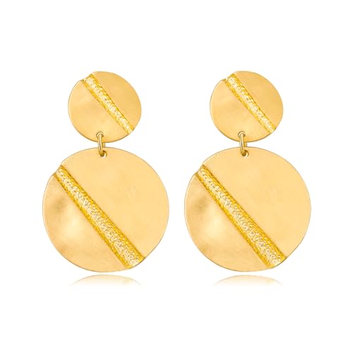Stud Earrings for Women 14k Gold Plated Geometric Dangle Earrings Lightweight Minimalist Handmade Hammered Texture Oval Disc Drop Double-layer Big Hoop Dangle Earrings for Women - color: Brushed Gold Disc