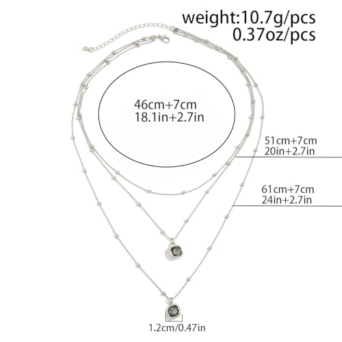 KURTCB Silver Necklace Stack Triple Layered Silver Square Pendant Necklace for WomenTrendy Dainty Jewelry