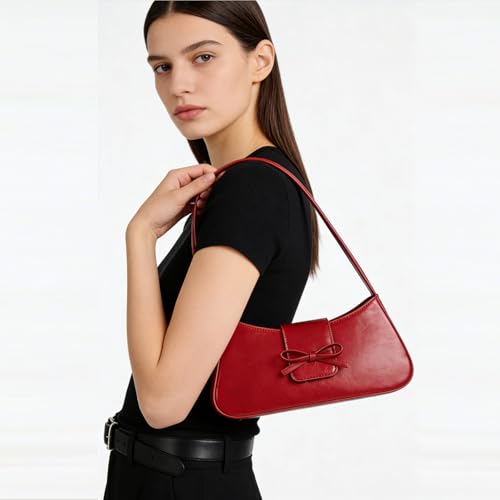 Shoulder Bags for Women Coquette Bow Purse Y2k Bag Small Cute Purses Mini Hobo Handbag Faux Leather Shoulder Purse - color: Red