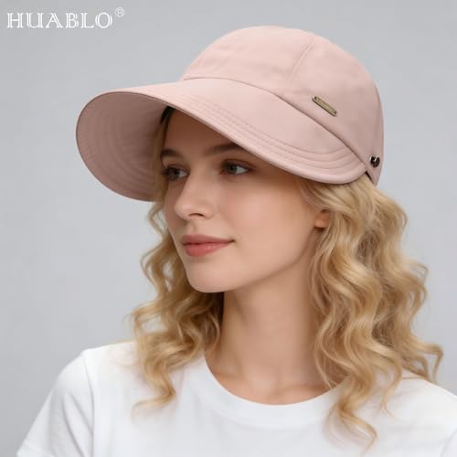 huablo]UPF 50+Womens Sun Hat UV Protection Hiking Fishing Hats Wide Brim Hat Adjustable Ponytail Packable Sun Cap - color: Sakura Pink