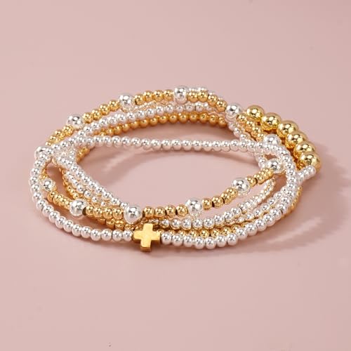 Silver Gold Beaded Bracelets for Women Stackable 14K Gold Plated Beads Ball Cross Bracelet Stack Non Tarnish Elastic Stretch Trendy Jewelry Christian Friendship Christmas Gifts for Women - color: 5pcs-Gold Cross