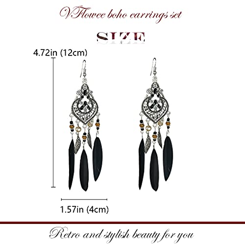 Bohemian Earrings Feather Tassel Silver Ethnic Retro Boho Dangle Earring Bead Women Jewelry for Birthday Party Gifts (Black) - color: Black