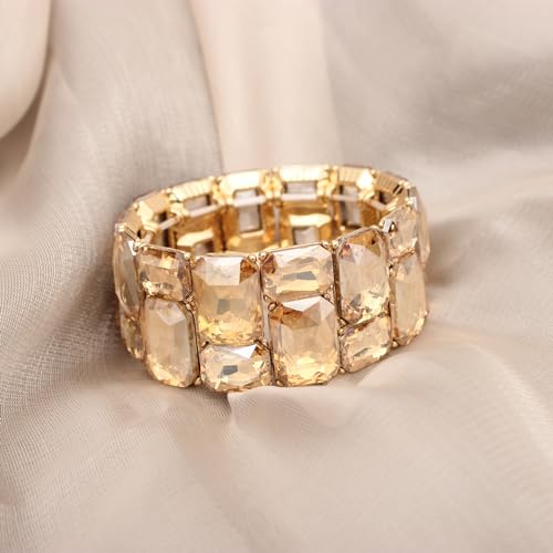 Women’s Wedding Bridal Crystal Leaf Flower Stretch Bangle Elastic Wide Bracelet Jewelry for Brides Bridesmaid - color: Style2-Champagne-Gold Plated